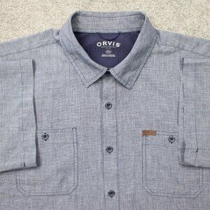 Orvis Shirt Mens 2XL XXL Blue No-Work Wrinkle-Free Double Pocket Short Sleeve